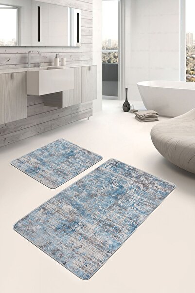 Realhomes Απλό και κομψό σετ πατάκι μπάνιου 2 τεμαχίων με μοτίβο υφαντού χαλιού σε μπλε φόντο και μοτίβο αντίκες