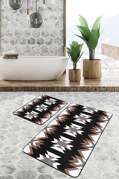 Realhomes 2-Piece Bath Mat Set with Ethnic Motif and Traditional Patterned Ethnic Motifs on Black Brown Floor