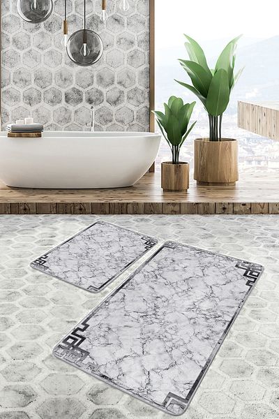 Realhomes Gray - Black Framed Motif Marble Patterned Classic Antique Motif 2-Piece Bathroom Mat Set