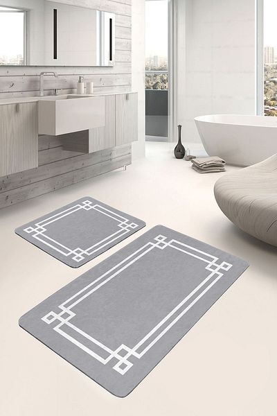 Realhomes Geometric Simple & Stylish 2-Piece Bathroom & Kitchen Mat Set with Modern Motif Frame Pattern on Gray Floor