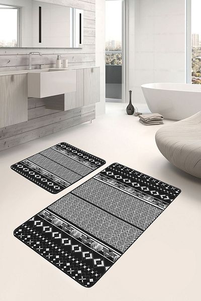 Realhomes Traditional Geometric Ethnic Motifs with Ethnic Motifs on Black and White Floor Set of 2 Bathroom Kitchen Doormats