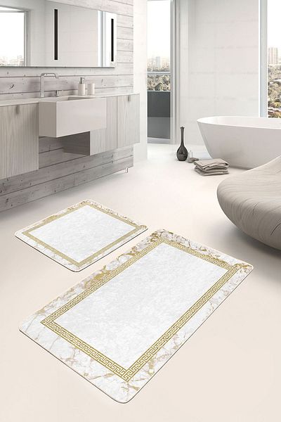 Realhomes Set of 2 Geometric Vintage Geometric 2-Piece Bath Mat Set with Gold Colored Motifs on Ecru Floor