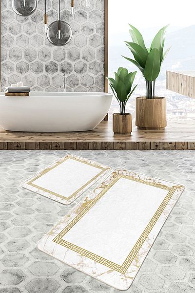 Realhomes Set of 2 Geometric Vintage Geometric 2-Piece Bath Mat Set with Gold Colored Motifs on Ecru Floor