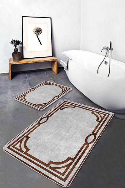 Realhomes Brown - Gray Framed Motif Classic Patterned Vintage Geometric 2-Piece Bathroom Mat Set