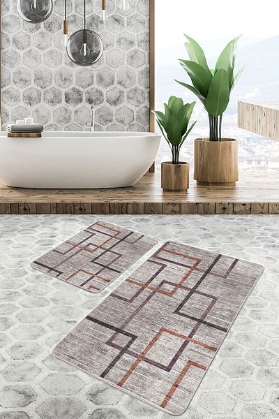 Realhomes Geometric Motif Knitted Patterned Geometric Antique Motif 2-Piece Bath Mat Set on Brown Floor