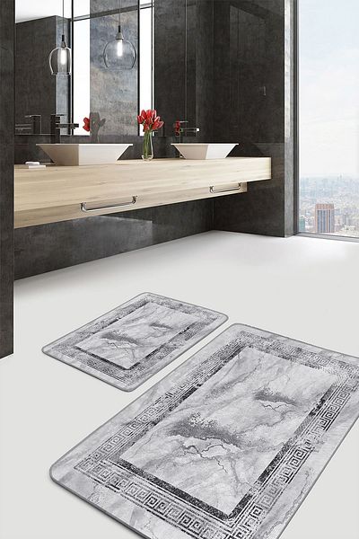 Realhomes Set of 2 Classic 2-Piece Bath Mat Set with Framed Motif on Gray Floor with Antique Antique Motif