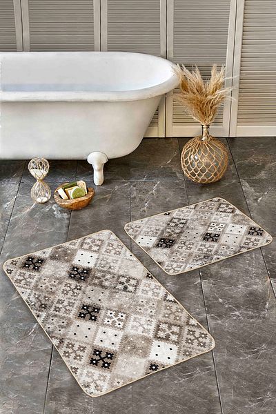 Realhomes Brown - Traditional Ethnic Motifs with Ethnic Motifs on Cream Floor Set of 2 Bathroom & Kitchen Doormats