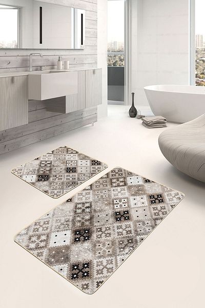 Realhomes Brown - Traditional Ethnic Motifs with Ethnic Motifs on Cream Floor Set of 2 Bathroom & Kitchen Doormats