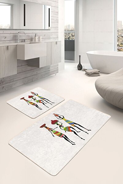 Realhomes مجموعة مكونة من 2 سجادة حمام كلاسيكية مكونة من قطعتين بتصميم نسائي أفريقي على خلفية بيضاء