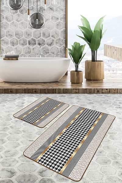 Realhomes Gold - Geometric Motif Crowbar on Black Floor Geometric Classic 2-Piece Bathroom & Kitchen Mat Set