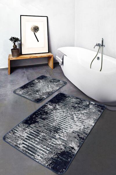 Realhomes مجموعة من 2 سجادة حمام كلاسيكية مكونة من قطعتين مع زخارف عتيقة على أرضية زرقاء داكنة