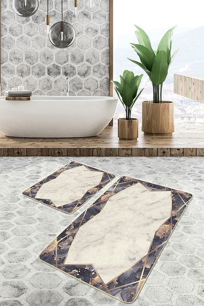 Realhomes Set of 2 Antique Framed Motif Marble Patterned Geometric Classic 2-Piece Bathroom Mat Set