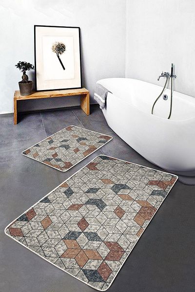 Realhomes Set of 2 Geometric Vintage 2-Piece Bath Mat Set with Mosaic Motif on Antique Floor