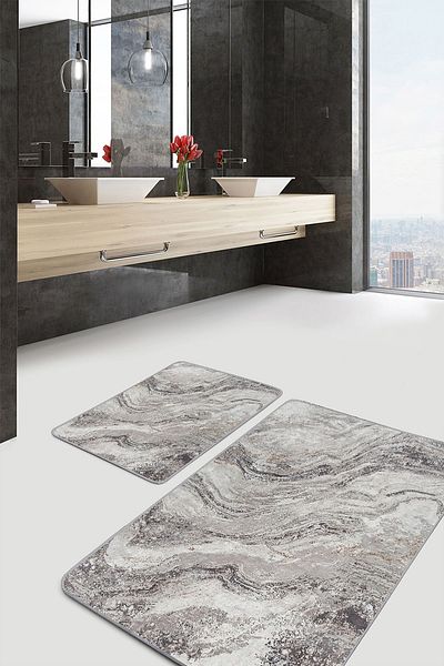 Realhomes Beige - Classic 2-Piece Bathroom & Kitchen Mat Set with Antique Motif and Marble Antique Motif on Cream Floor