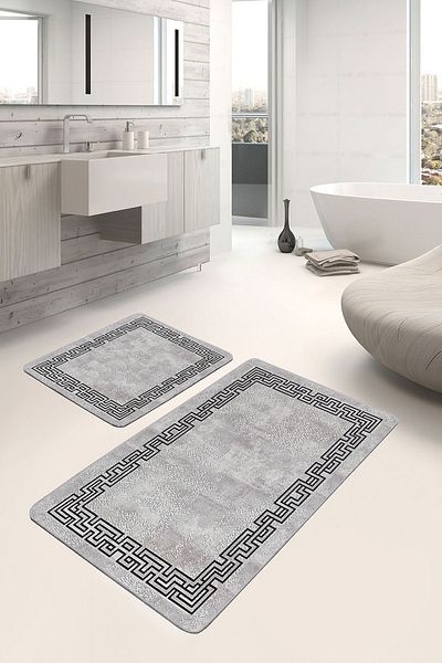 Realhomes Classic Geometric 2-Piece Bathroom & Kitchen Doormat Set with Framed Motifs and Antique Patterns on Gray