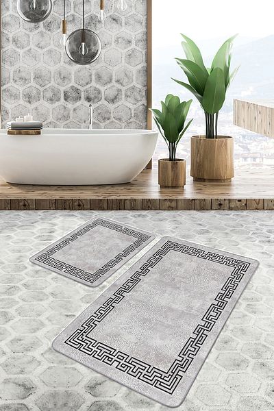 Realhomes Classic Geometric 2-Piece Bathroom & Kitchen Doormat Set with Framed Motifs and Antique Patterns on Gray