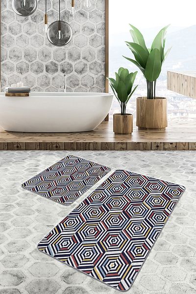 Realhomes Set of 2 Hexagonal Floor with Geometric Motifs Modern Art Geometric Classic Set of 2 Bath Mat