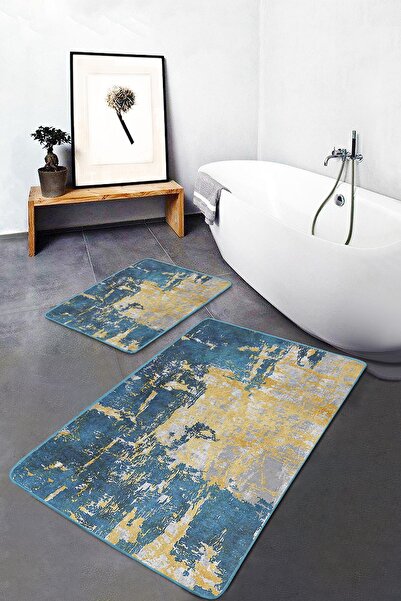 Realhomes Blue - Classic 2-Piece Bathroom & Kitchen Mat Set with Antique Moti...