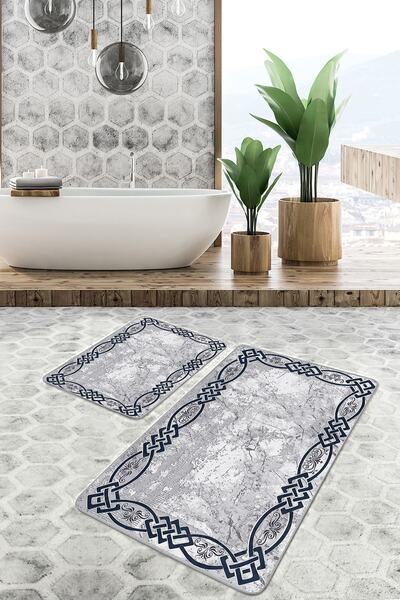 Realhomes رمادي - طقم سجادة حمام هندسية مكونة من قطعتين بتصميم مؤطر على أرضية...