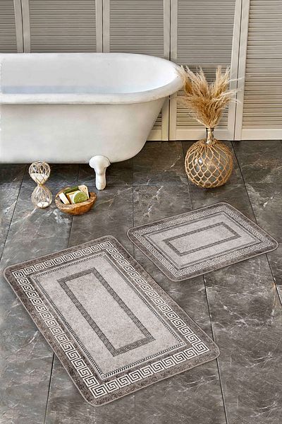 Realhomes Set of 2 Brown Framed Motif Antique Patterned Classic Vintage 2-Piece Bathroom Mat Set