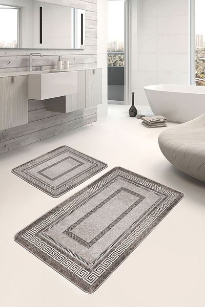 Realhomes Set of 2 Brown Framed Motif Antique Patterned Classic Vintage 2-Piece Bathroom Mat Set