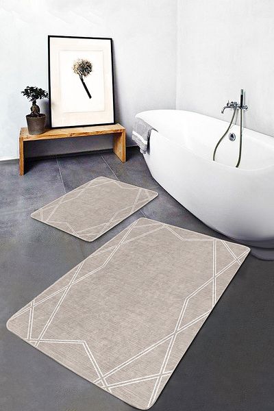Realhomes Cream - White Framed Motif Woven Geometric Simple & Stylish 2-Piece Bathroom & Kitchen Mat Set