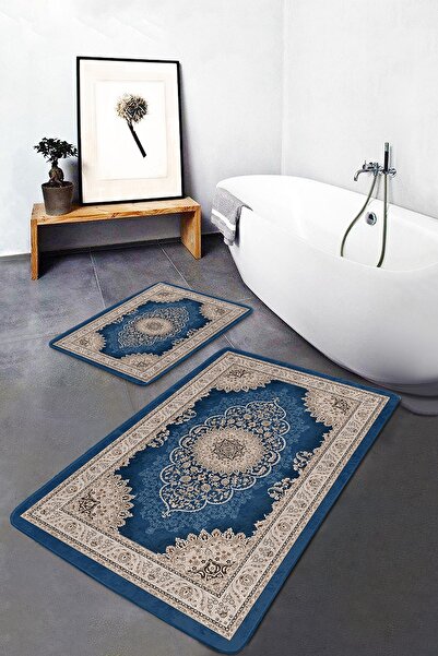 Realhomes سجادة بطن على خلفية زرقاء بتصميم أفانغارد بزخارف عرقية مكونة من قطع...