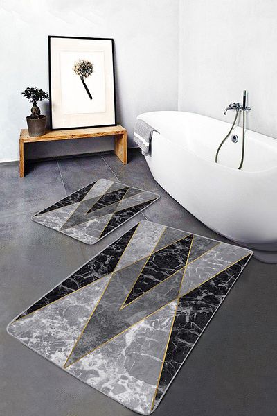Realhomes Set of 2 Gray - Black Geometric Geometric Classic Bathroom Mat Set of 2 with Marble Motif on Black Floor