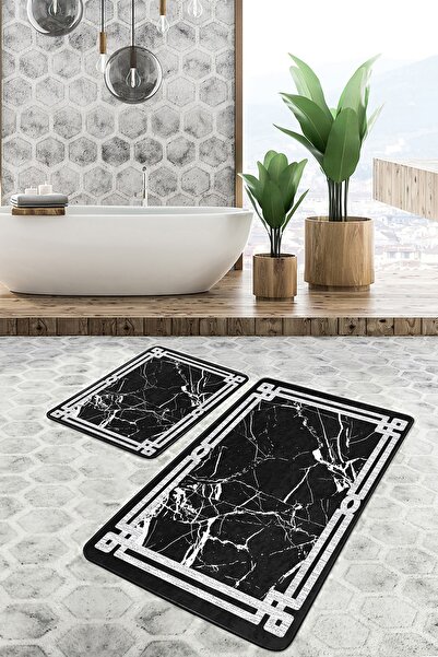 Realhomes Black - White Framed Motif Marble Patterned Simple & Stylish Geomet...