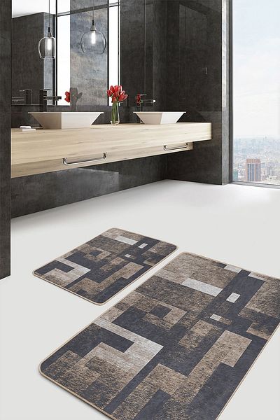 Realhomes Set of 2 Geometric Geometric Classic Bath Mat Set of 2 with Antique Motifs on Brown Floor