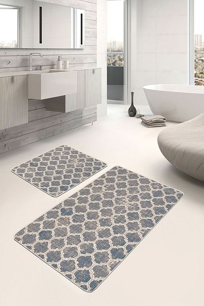Realhomes 2-Piece Vintage Geometric 2-Piece Bathroom & Kitchen Mat Set with Morrocan Motif Ogea Pattern on Cream Floor