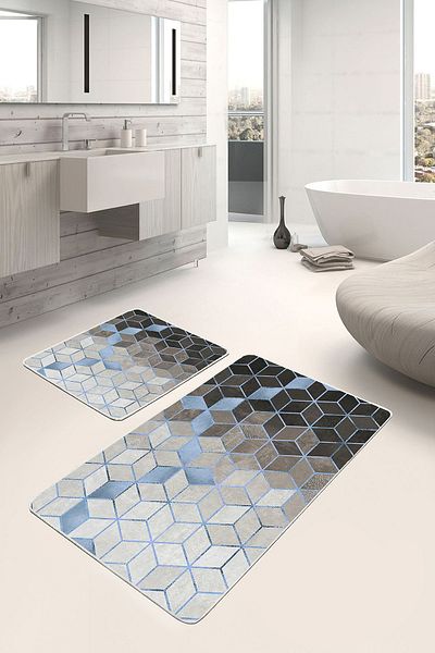 Realhomes Set of 2 Black - Blue Geometric Motif Mosaic Geometric Classic 2-Piece Bath Mat Set