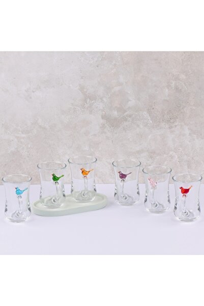 ADAMODART Renkli Kuş cam Figürlü 6'lı Çay Bardağı Seti