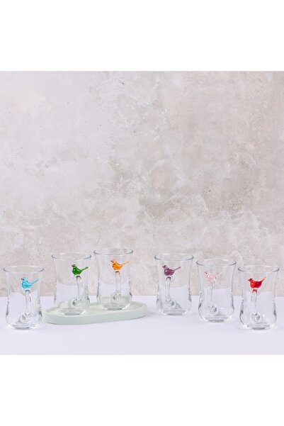 ADAMODART Renkli Kuş cam Figürlü 6'lı Çay Bardağı Seti