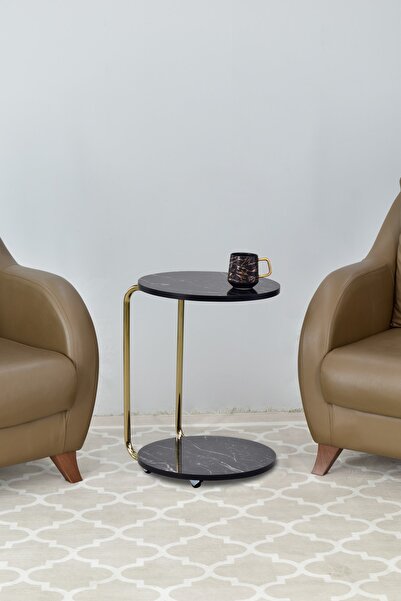 VİLİNZE Emr Çok Amaçlı Tekerlekli Siyah Mermer Gold Ayak C Sehpa