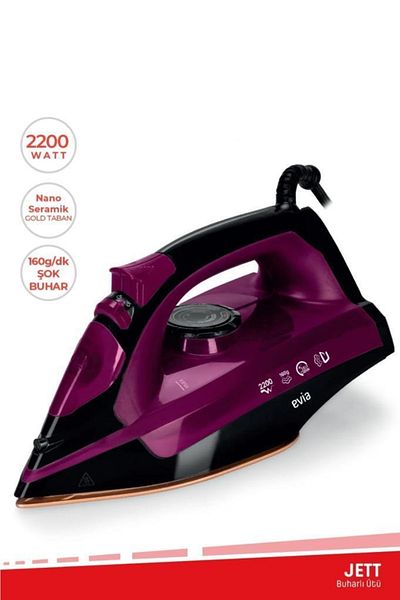 Evia Jett 2200 Watt Ceramic Soleplate 160 Gr Effective Shock Steam Iron Black Purple