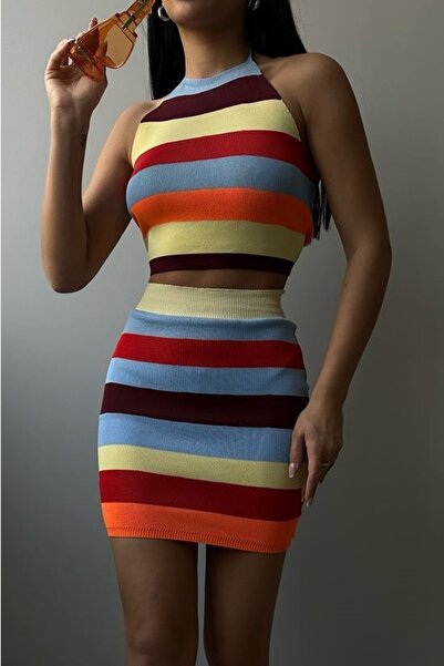 bayansepeti Помаранчевий трикотажний комплект з деталями у вигляді смужок 23s...