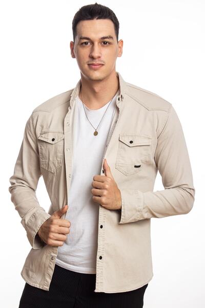 Denfa Moda Erkek Çift Cep Kapaklı Kot Çıt Çıt Düğmeli Slimfit Bej Gömlek
