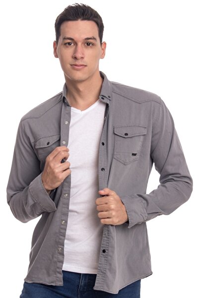 Denfa Moda Erkek Çift Cep Kapaklı Kot Çıt Çıt Düğmeli Slimfit Gri Gömlek
