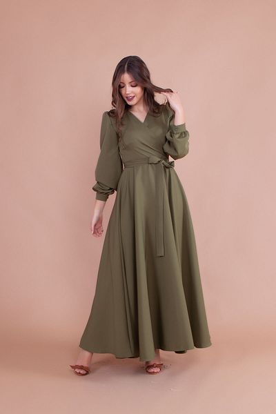 vuvutasarım Women's Flexible Atlas Fabric Sash Detailed Double Breasted Collar Long Sleeve Maxi Khaki Evening Dress 110