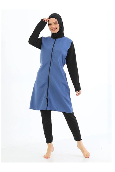 by İGP Women's Blue Zippered Fully Covered Hijab Quick Drying Hijab Hijab Swimsuit