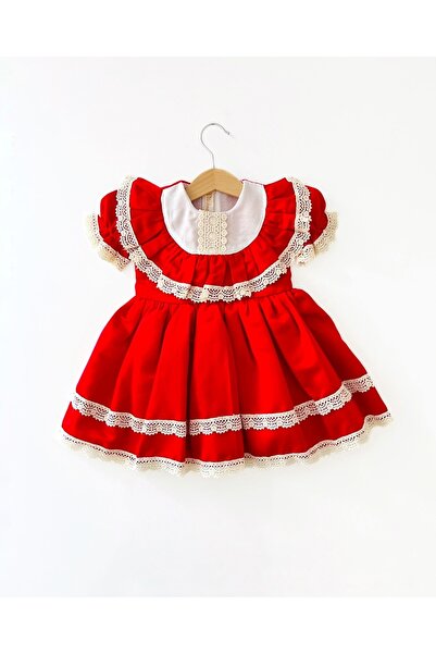COLORED BABY فستان أحمر مبطن بالقطن ومزين بتفاصيل صدفية للفتيات