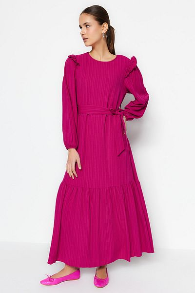 Trendyol Modest Φούξια ζωσμένος ώμος με βολάν Φόρεμα με επένδυση από βισκόζη TCTSS23EB00290