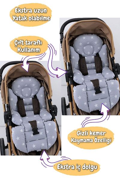 Umaybebek 4 Pieces - Stroller Cover, Stroller Cushion with Waist Support, Stroller Cushion, Stroller Sheet - With Holder