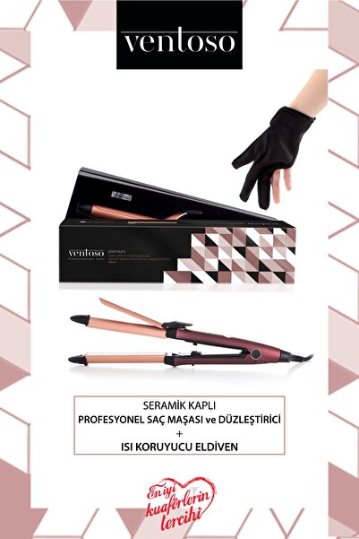 Ventoso Premium Seramik Kaplı Profesyonel Saç Düzleştirici Ve Maşa Ile Isıya Dayanıklı Maşa Eldiveni