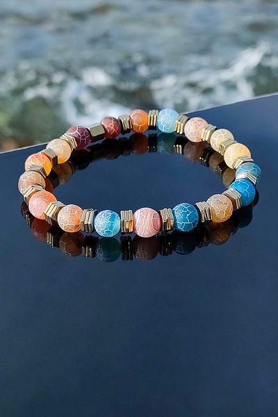 TREND COLLECTİON Crab Agate Original Natural Stone Gold Detailed Adjustable Unisex Bracelet