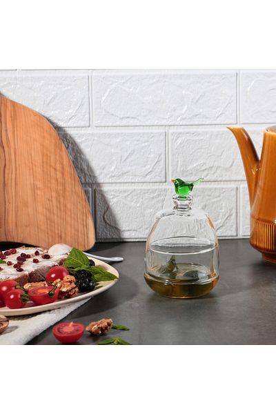 ADAMODART Handmade Murano Glass Design with Green Bird Figure, Jam Bowl & Sugar Bowl with Lid