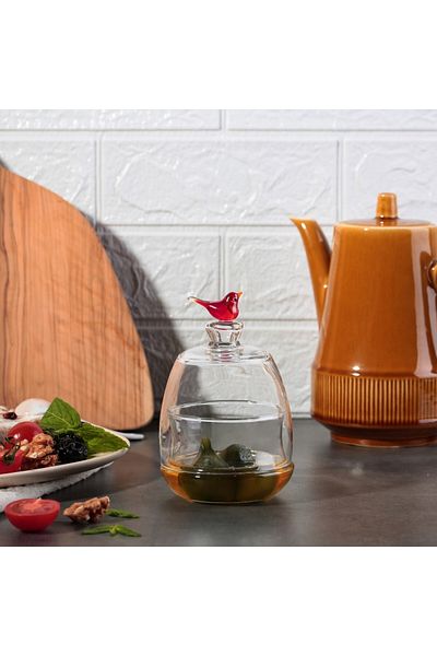 ADAMODART Red Bird Figured Handmade Murano Glass Design Covered Jam & Sugar Bowl