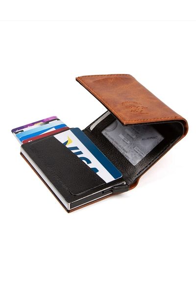 NEWISH POLO ACCESSORIES Ταν Δερμάτινος Μηχανισμός Αυτόματη θήκη κάρτας ολίσθησης Πορτοφόλι RFID Protect Μηχανισμός αλουμινίου (7CMX10CM)