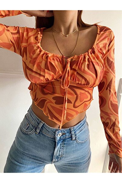 Jose Clothing Kadın Ön Tül Detay Asimetrik Kesim Uzun Kollu Crop Bluz